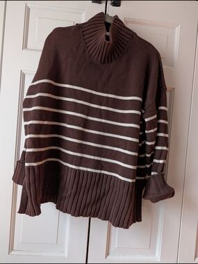 GAP Brown and White Striped Turtleneck Sweater